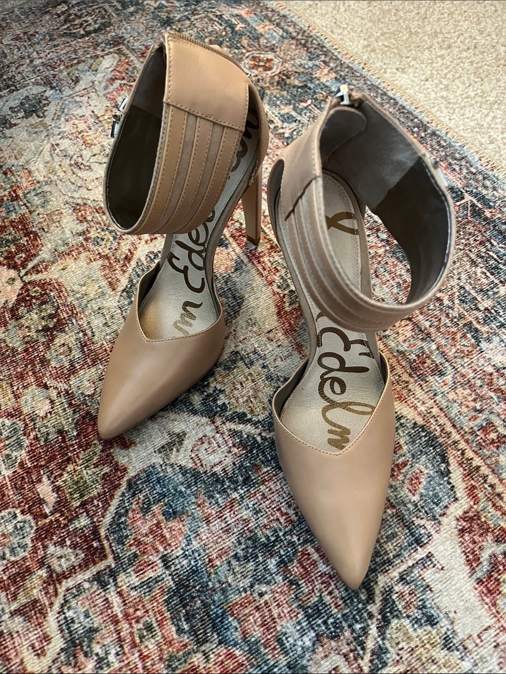 Sam Edelman Nude Pointed-Toe Ankle-Strap Stiletto Pumps